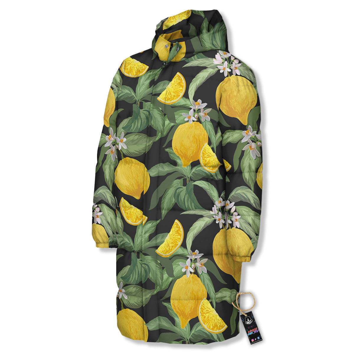 Lemon Yellow Print Pattern Long Down Jacket-grizzshop