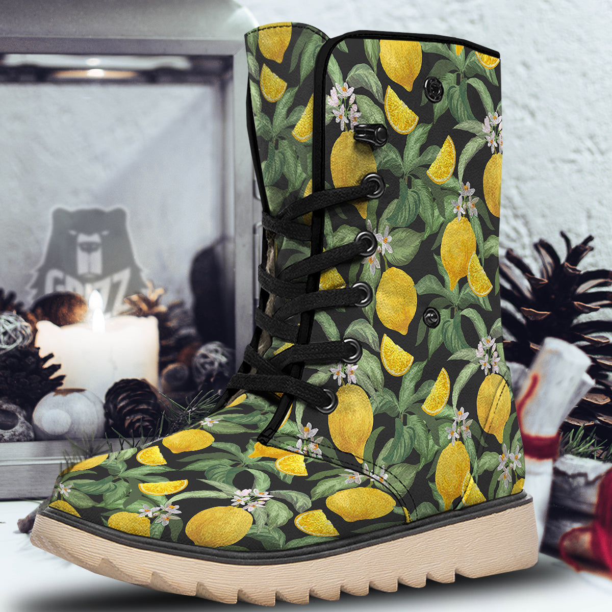 Lemon Yellow Print Pattern Snow Boots-grizzshop