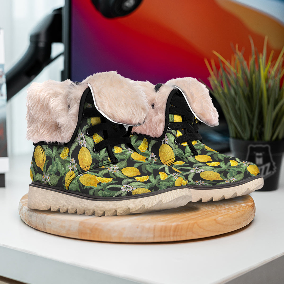 Lemon Yellow Print Pattern Snow Boots-grizzshop