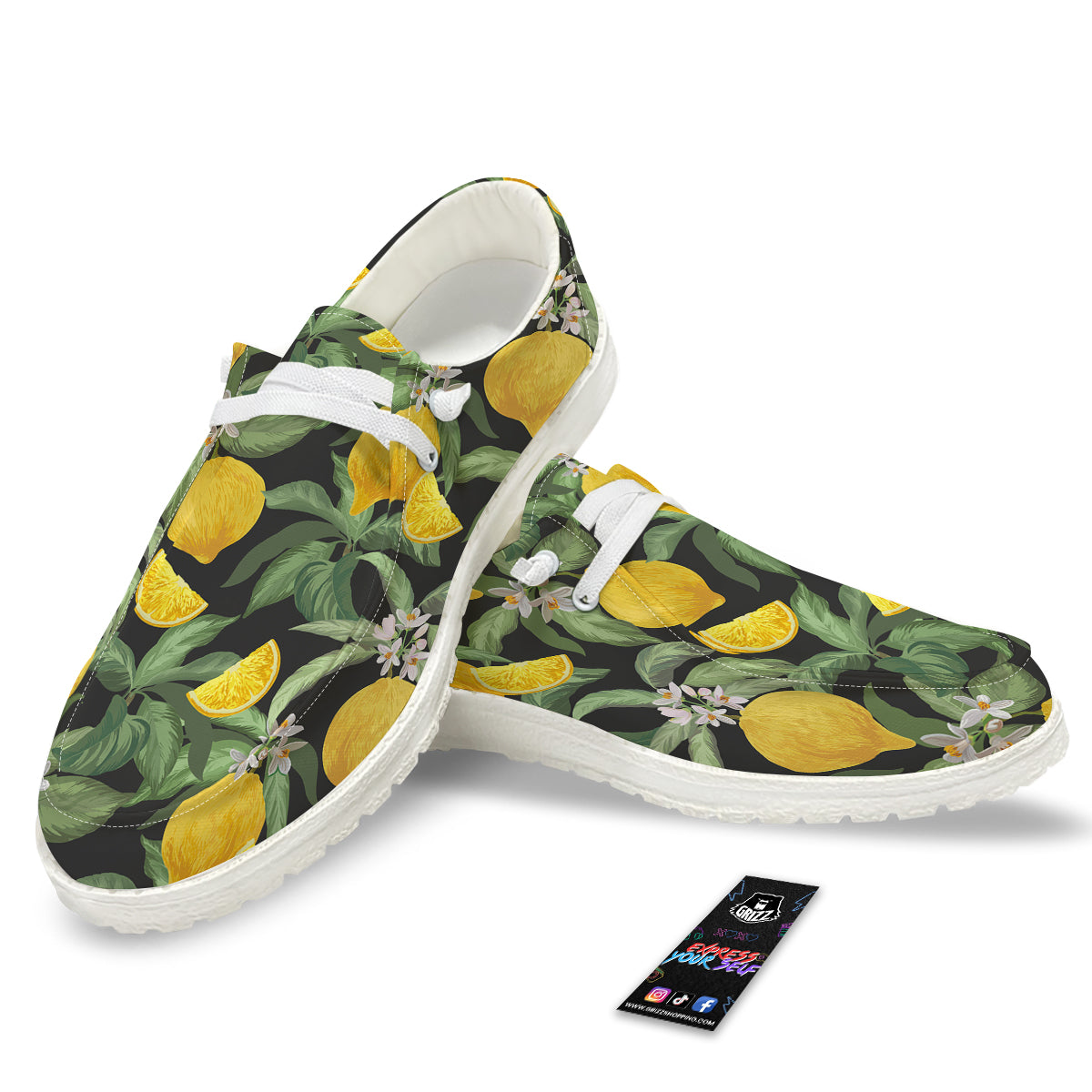Lemon Yellow Print Pattern White Loafers-grizzshop