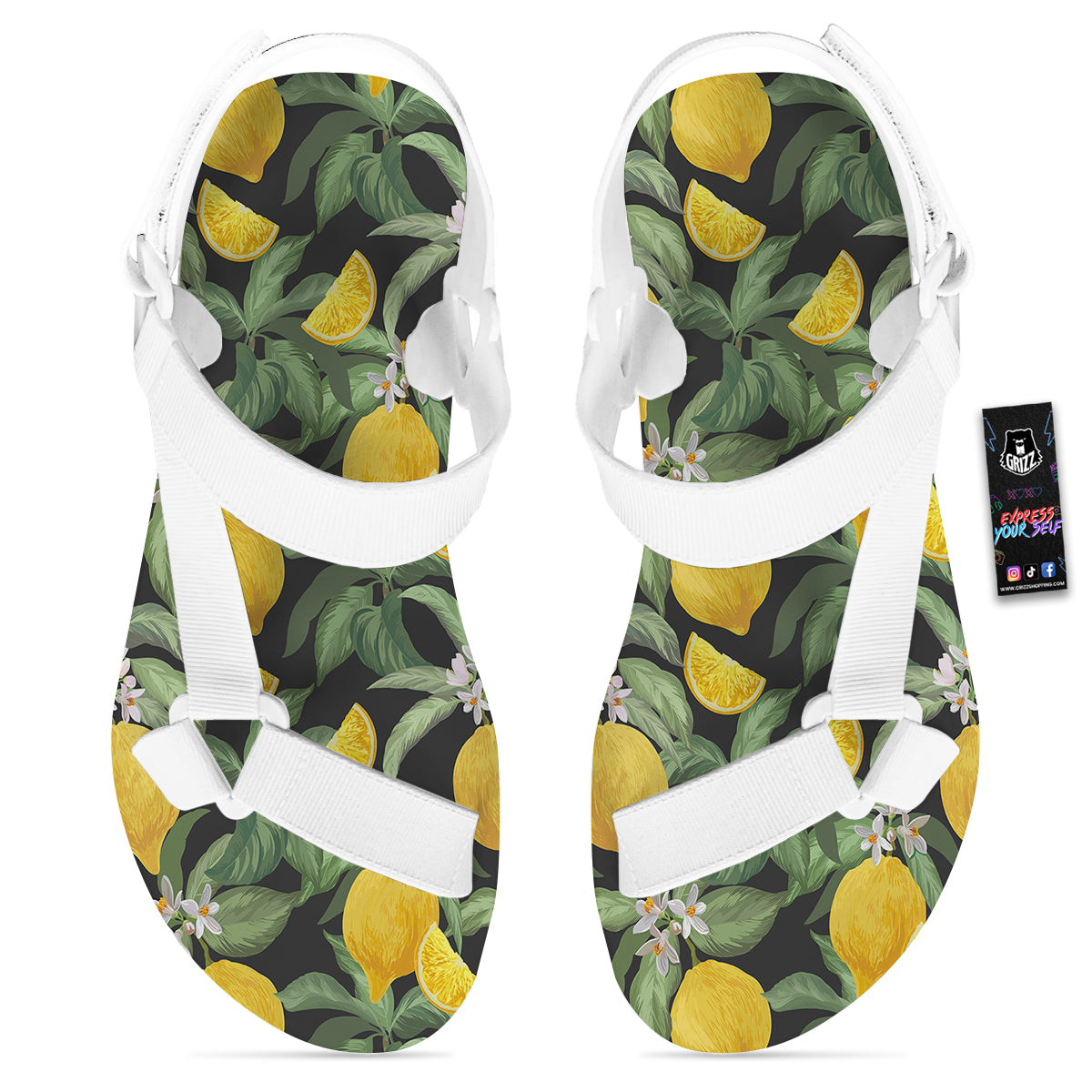 Lemon Yellow Print Pattern White Open Toe Sandals-grizzshop