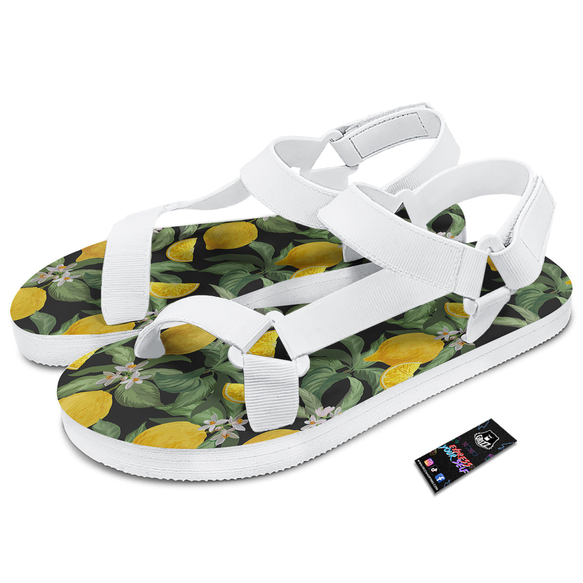 Lemon Yellow Print Pattern White Open Toe Sandals-grizzshop