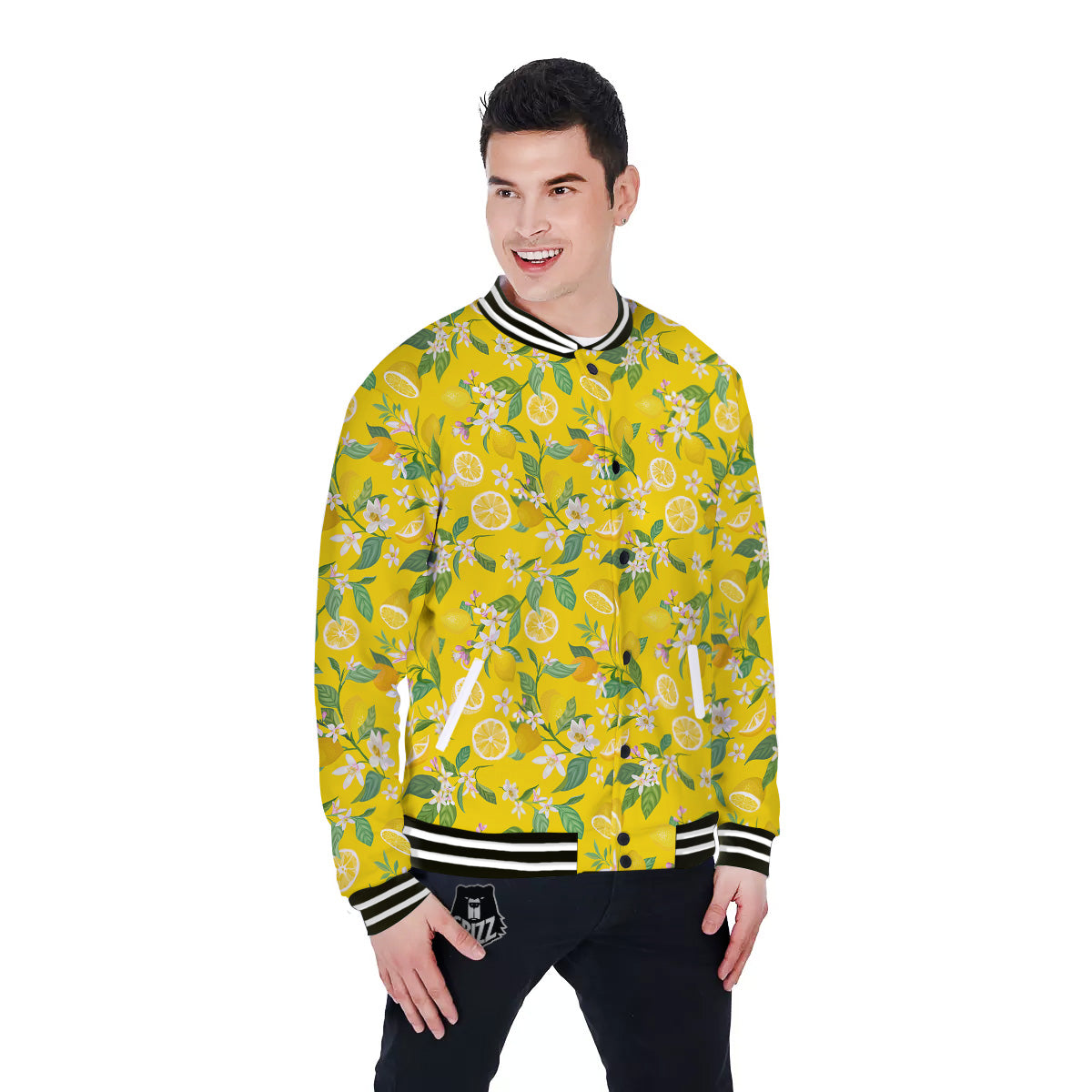 Lemon Yellow Topic Fruits Print Pattern Baseball Jacket-grizzshop