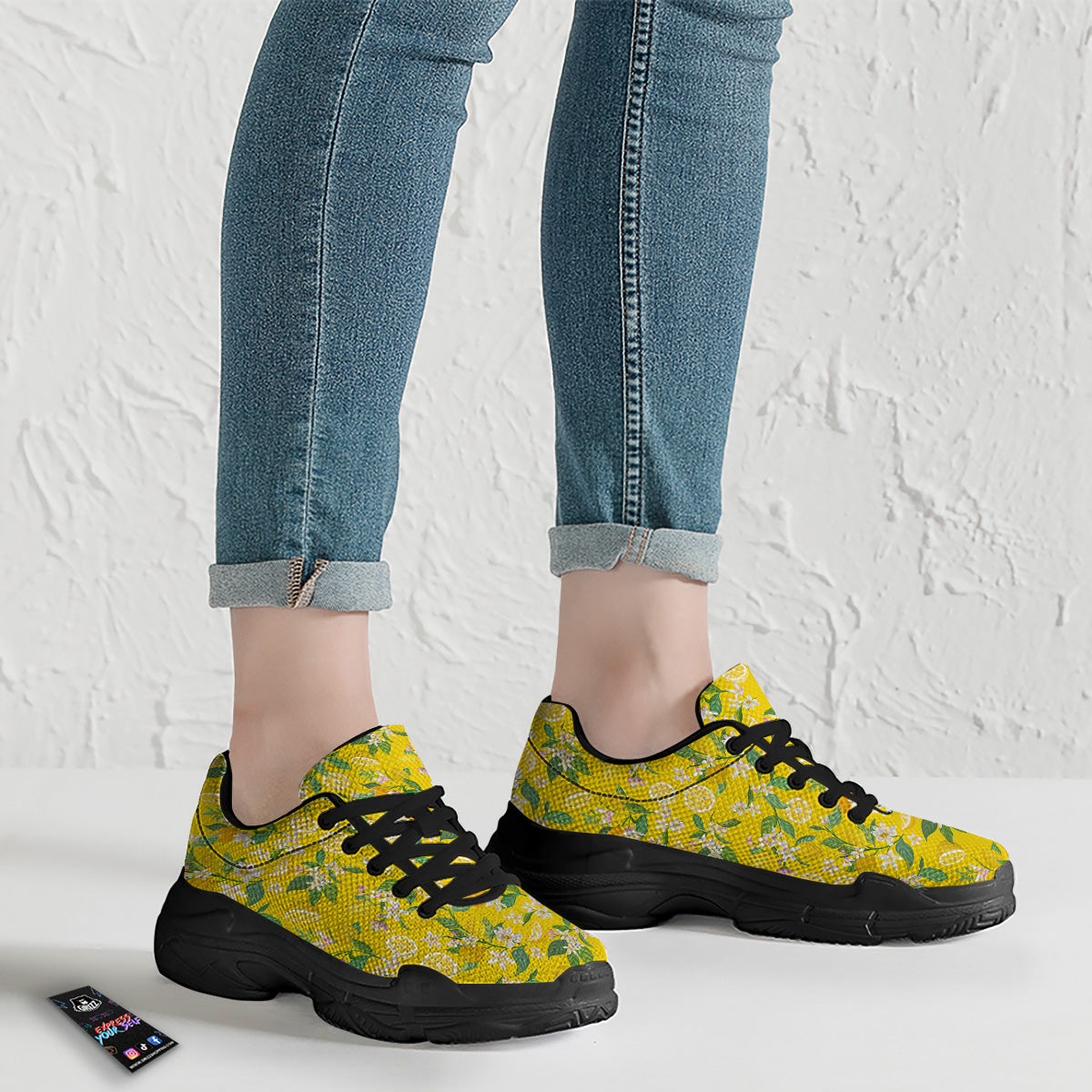 Lemon Yellow Topic Fruits Print Pattern Black Chunky Shoes-grizzshop