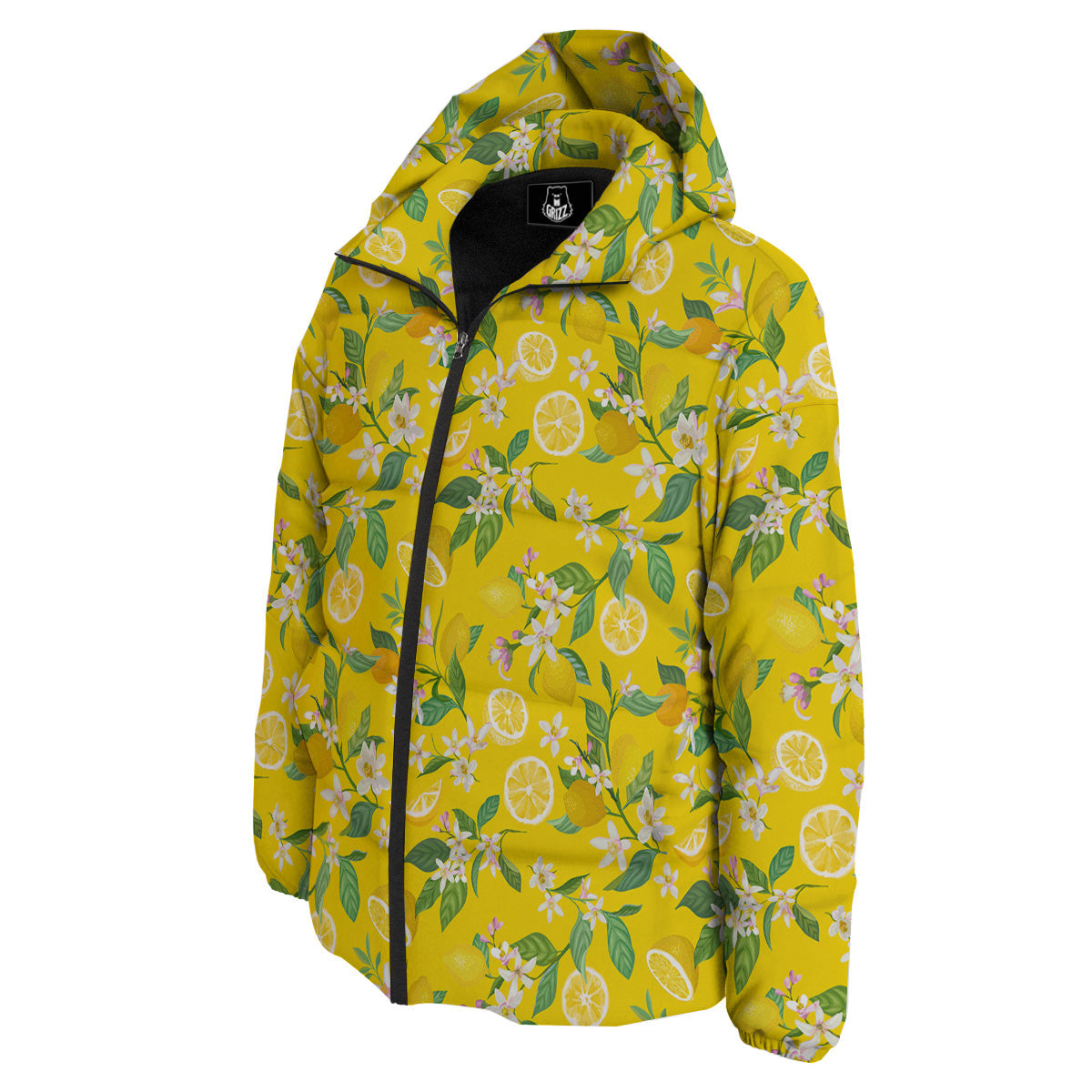 Lemon Yellow Topic Fruits Print Pattern Down Jacket-grizzshop