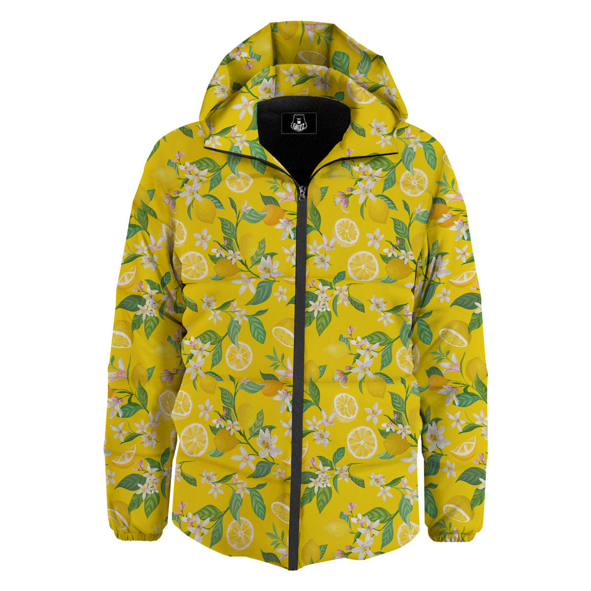 Lemon Yellow Topic Fruits Print Pattern Down Jacket-grizzshop