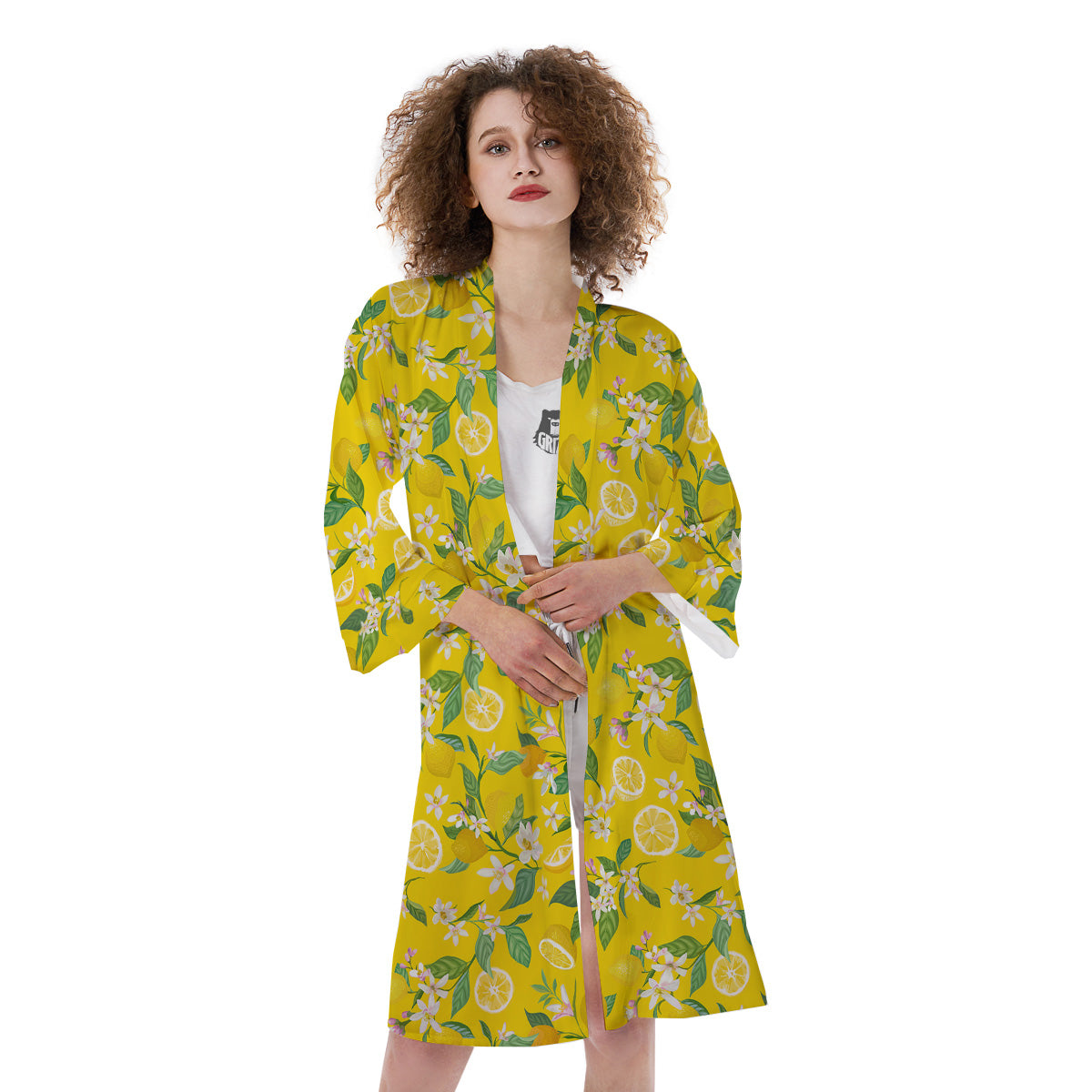 Lemon Yellow Topic Fruits Print Pattern Kimono-grizzshop
