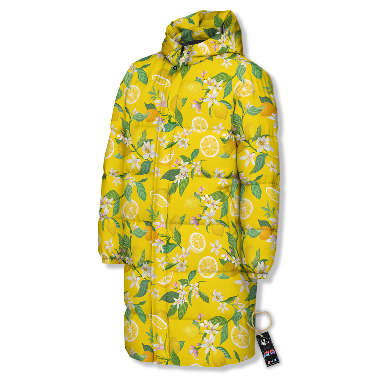 Lemon Yellow Topic Fruits Print Pattern Long Down Jacket-grizzshop