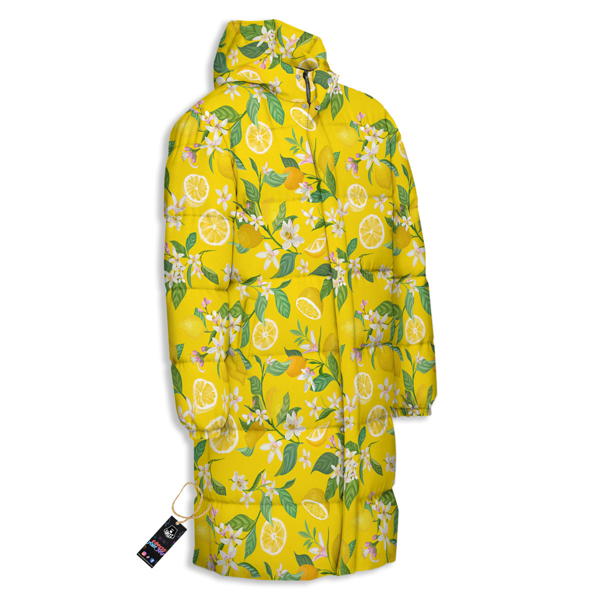 Lemon Yellow Topic Fruits Print Pattern Long Down Jacket-grizzshop