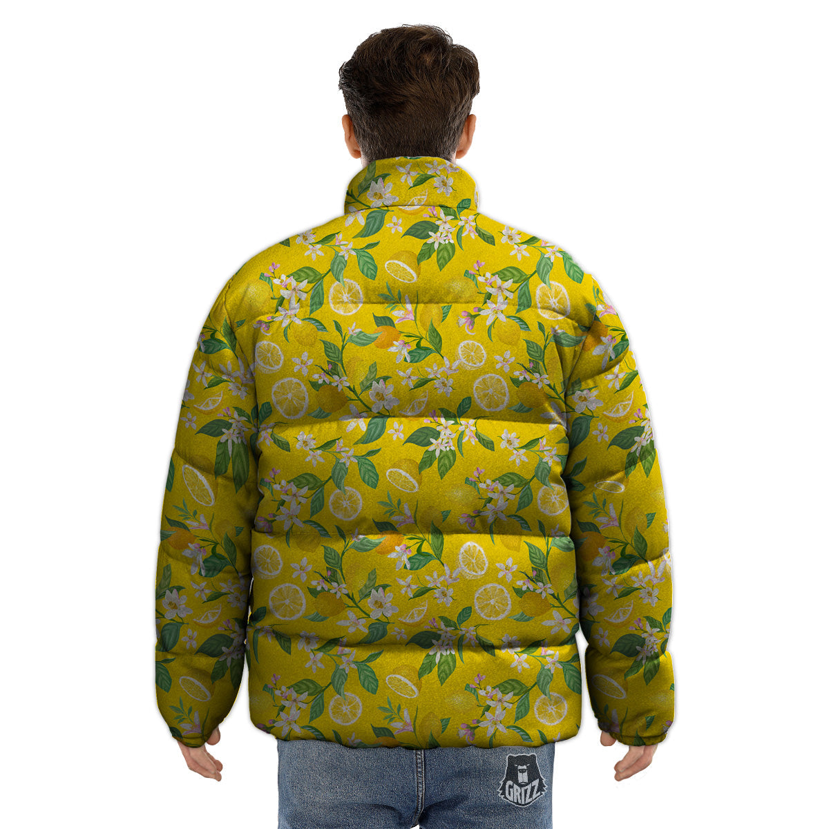 Lemon Yellow Topic Fruits Print Pattern Puffer Jacket-grizzshop