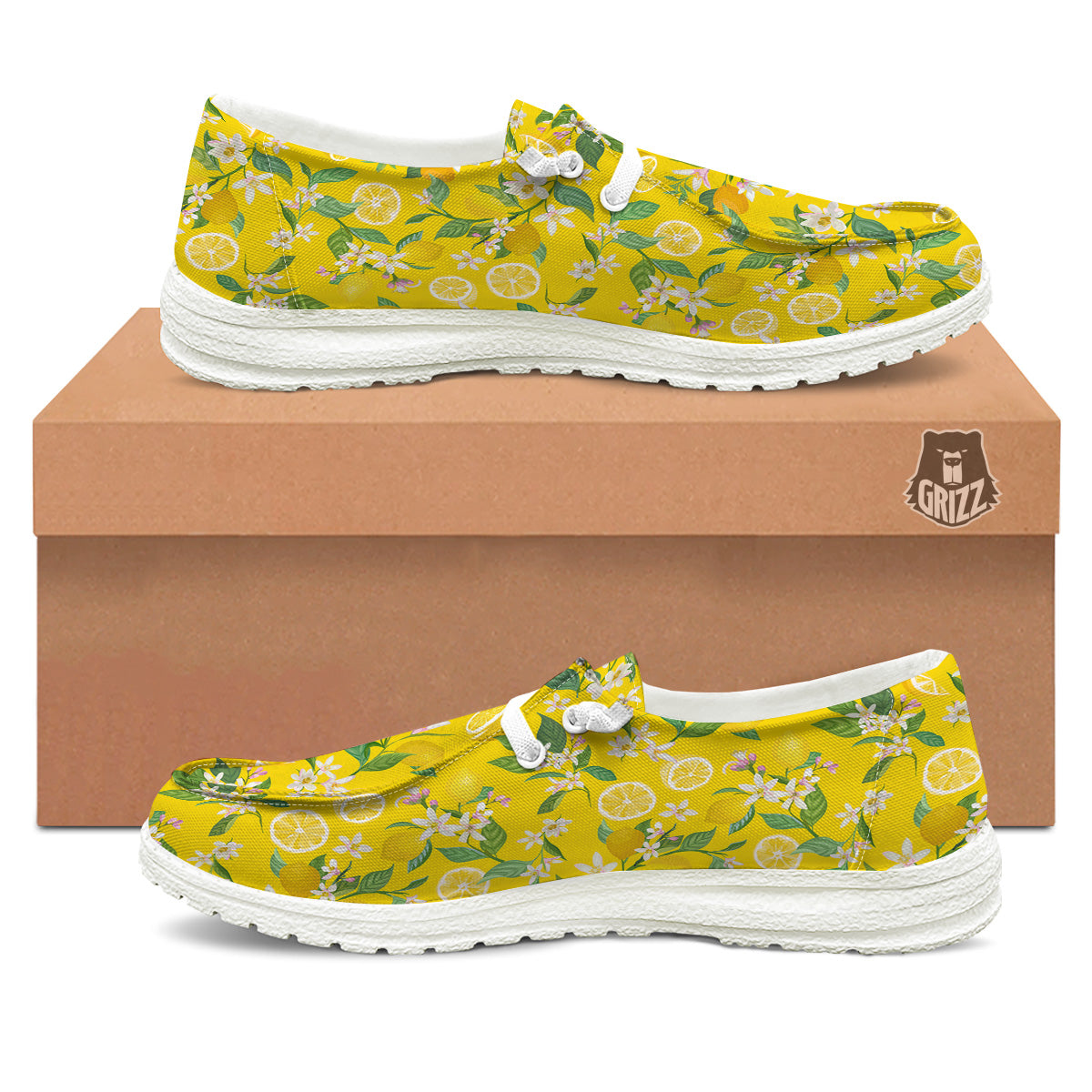 Lemon Yellow Topic Fruits Print Pattern White Loafers-grizzshop