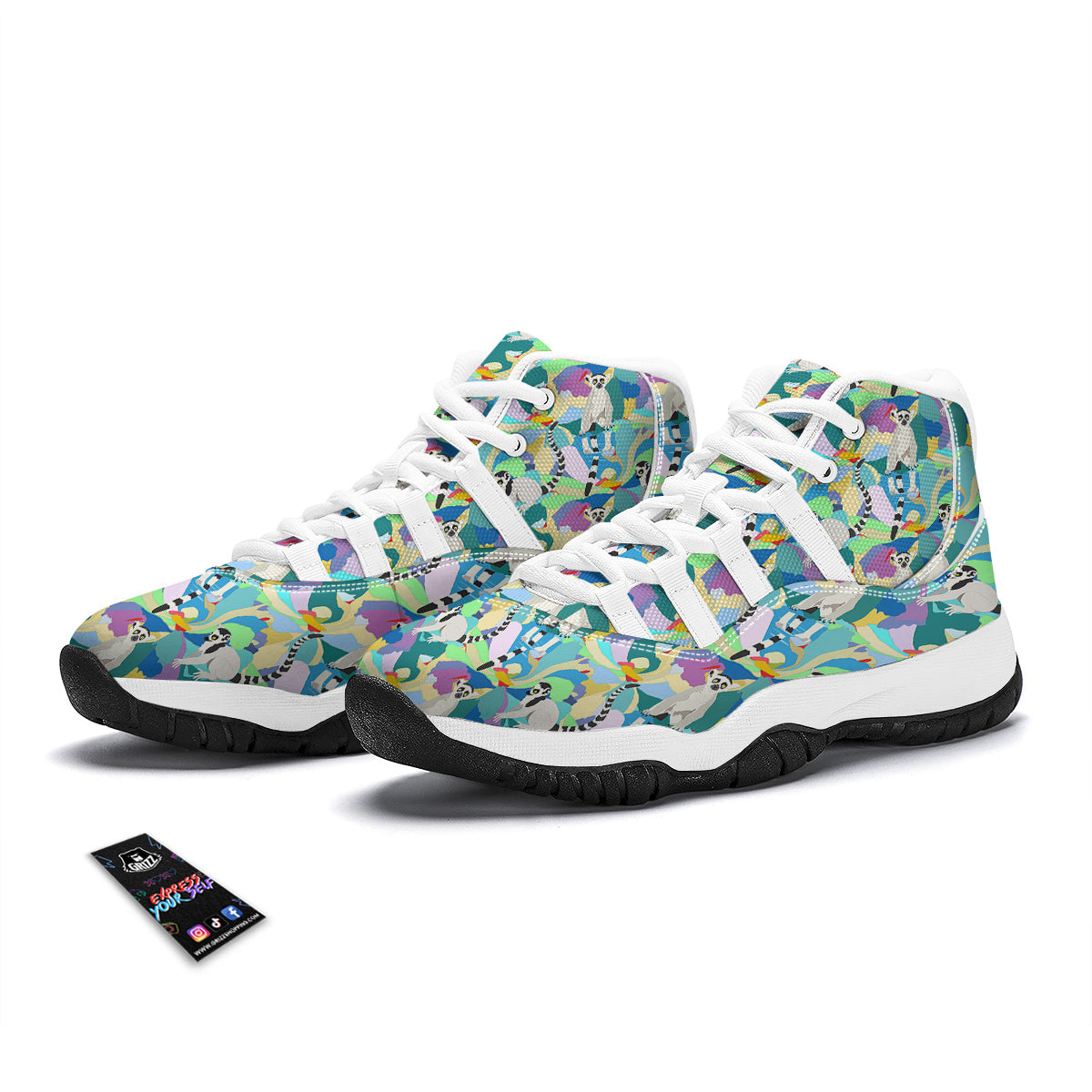 Lemur Colorful Pattern Print White Bball Shoes-grizzshop