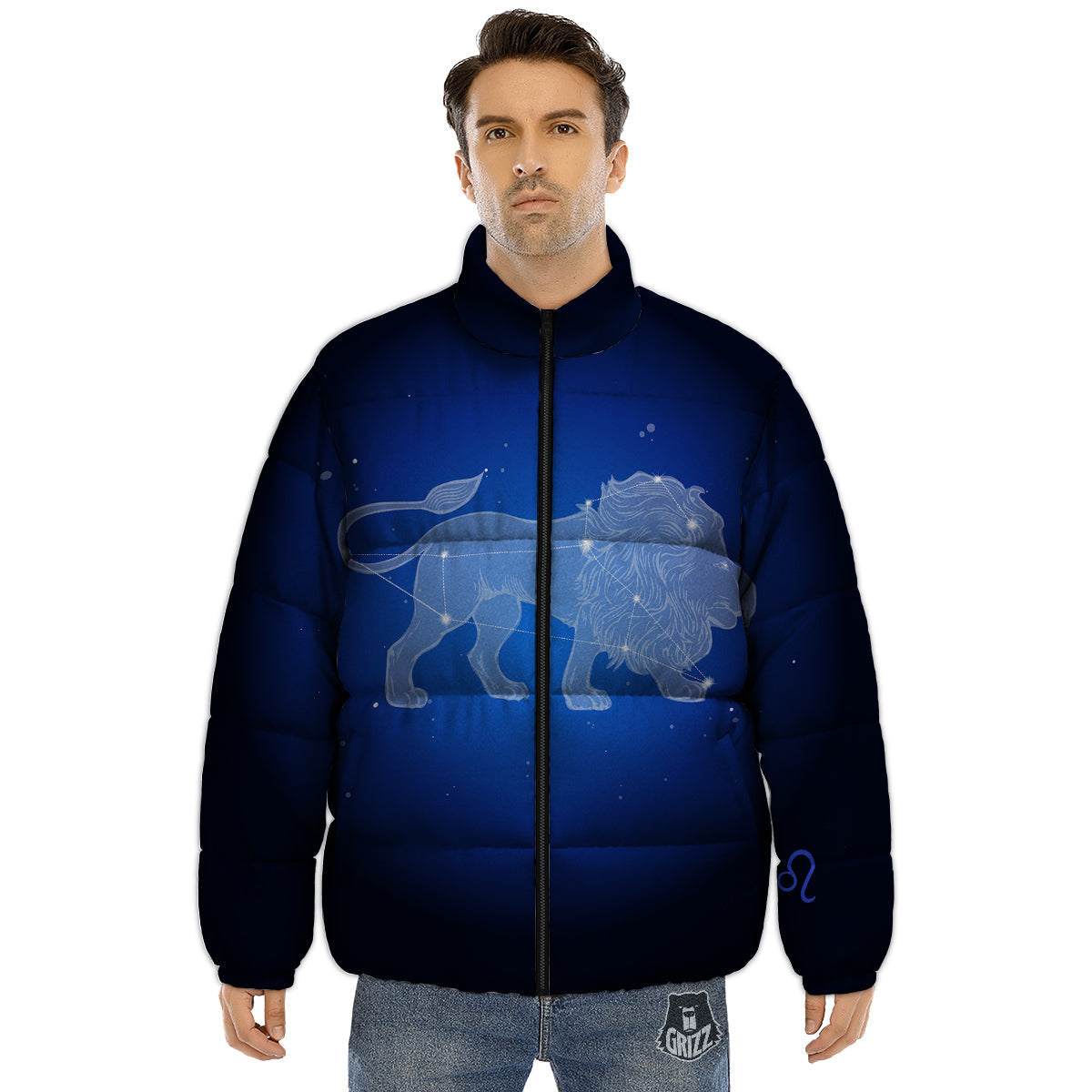 Leo Constellation Print Puffer Jacket-grizzshop