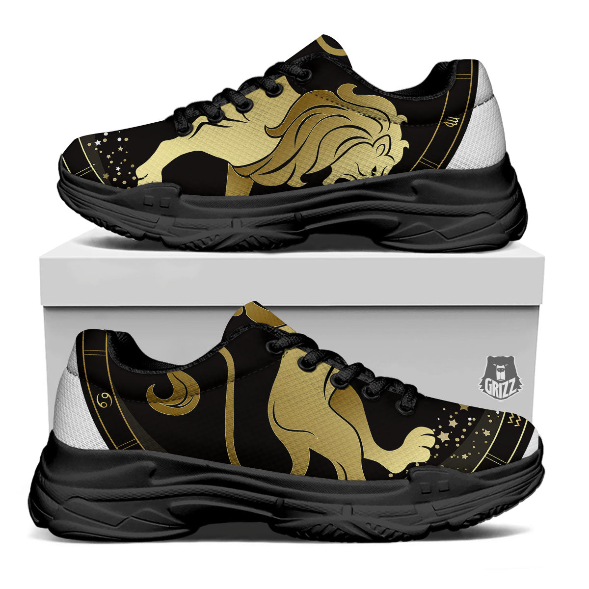 Leo Sign Black And Gold Print Black Chunky Shoes-grizzshop