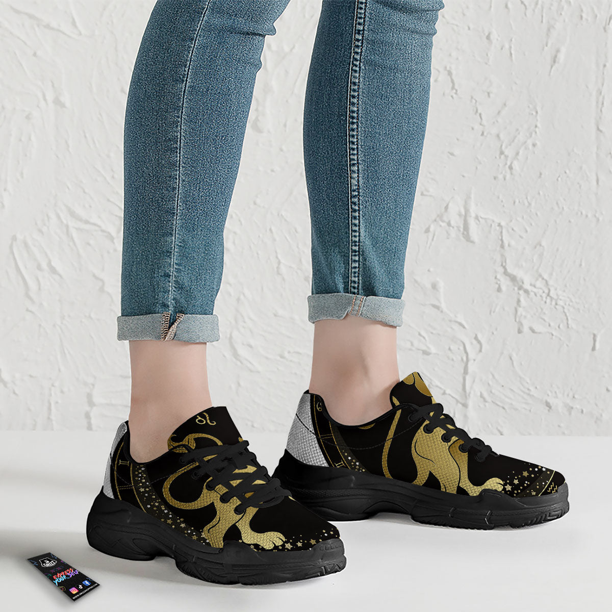 Leo Sign Black And Gold Print Black Chunky Shoes-grizzshop