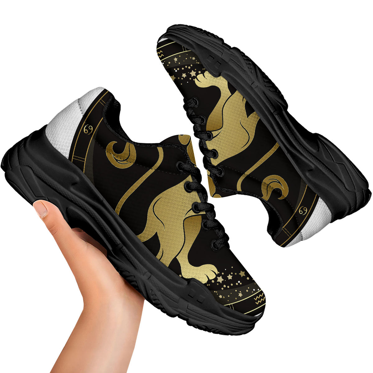 Leo Sign Black And Gold Print Black Chunky Shoes-grizzshop