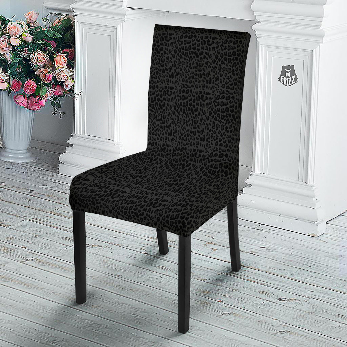 Leopard Black Print Dining Chair Slipcover-grizzshop