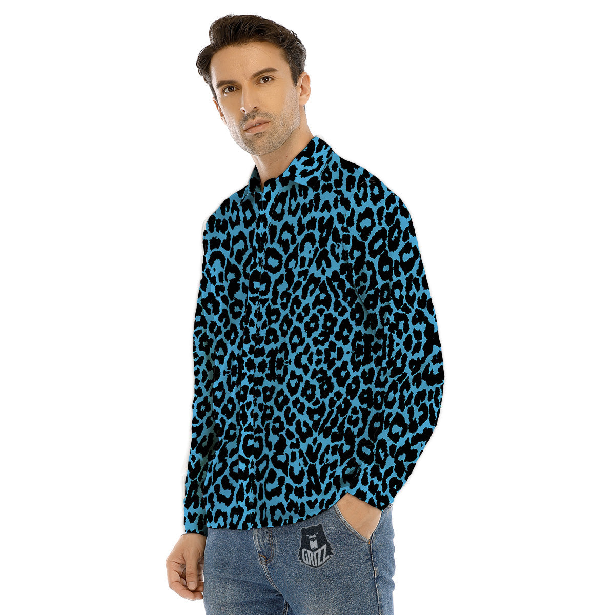 Leopard Blue Print Men's Dress Shirts-grizzshop