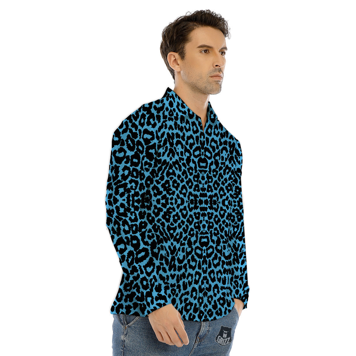 Leopard Blue Print Men's Dress Shirts-grizzshop