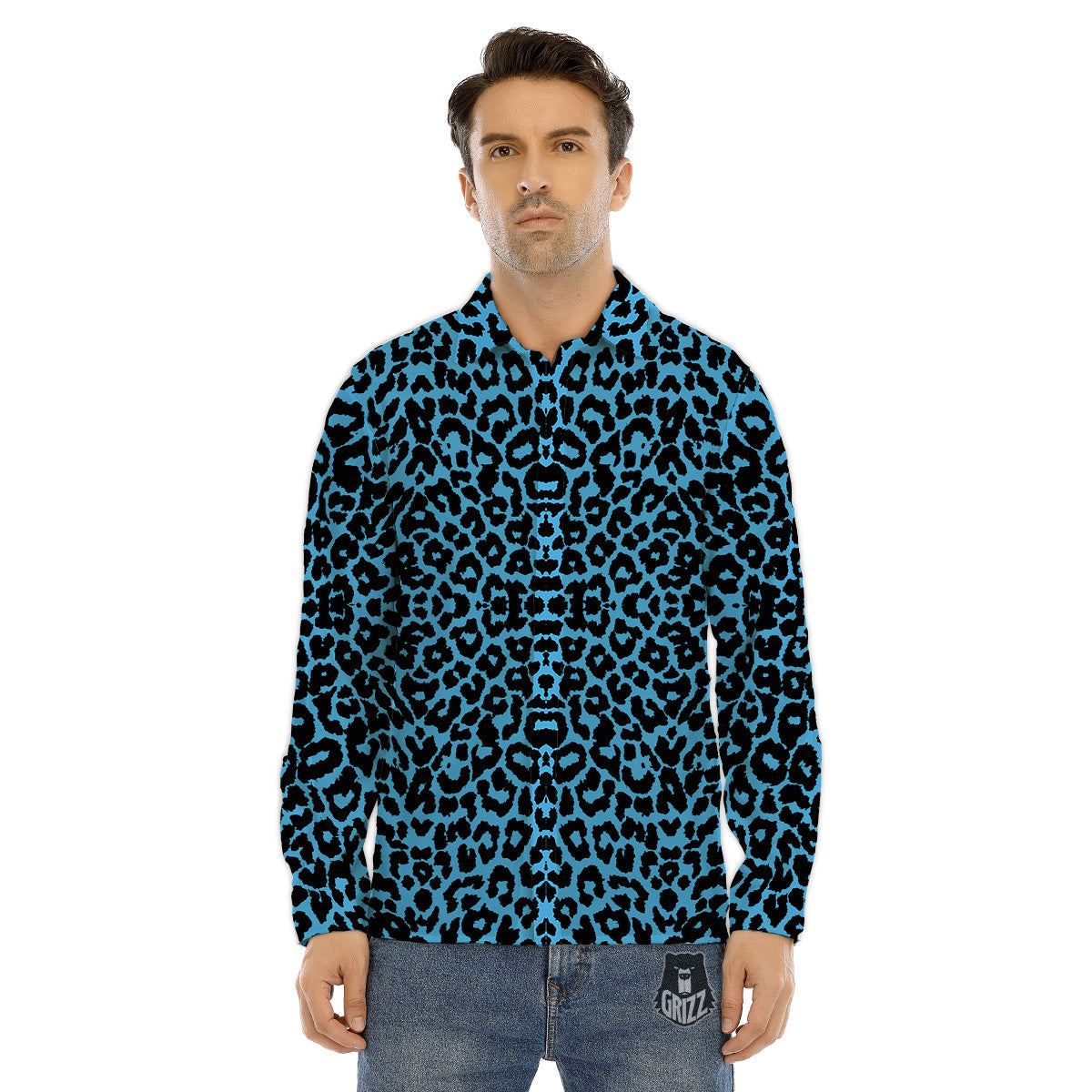 Leopard Blue Print Men's Dress Shirts-grizzshop