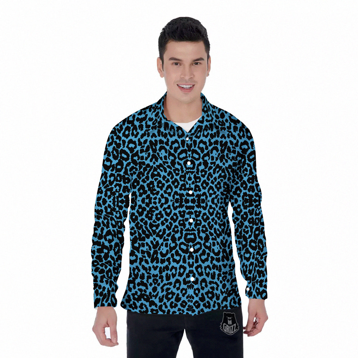 Leopard Blue Print Men's Long Sleeve Shirts-grizzshop