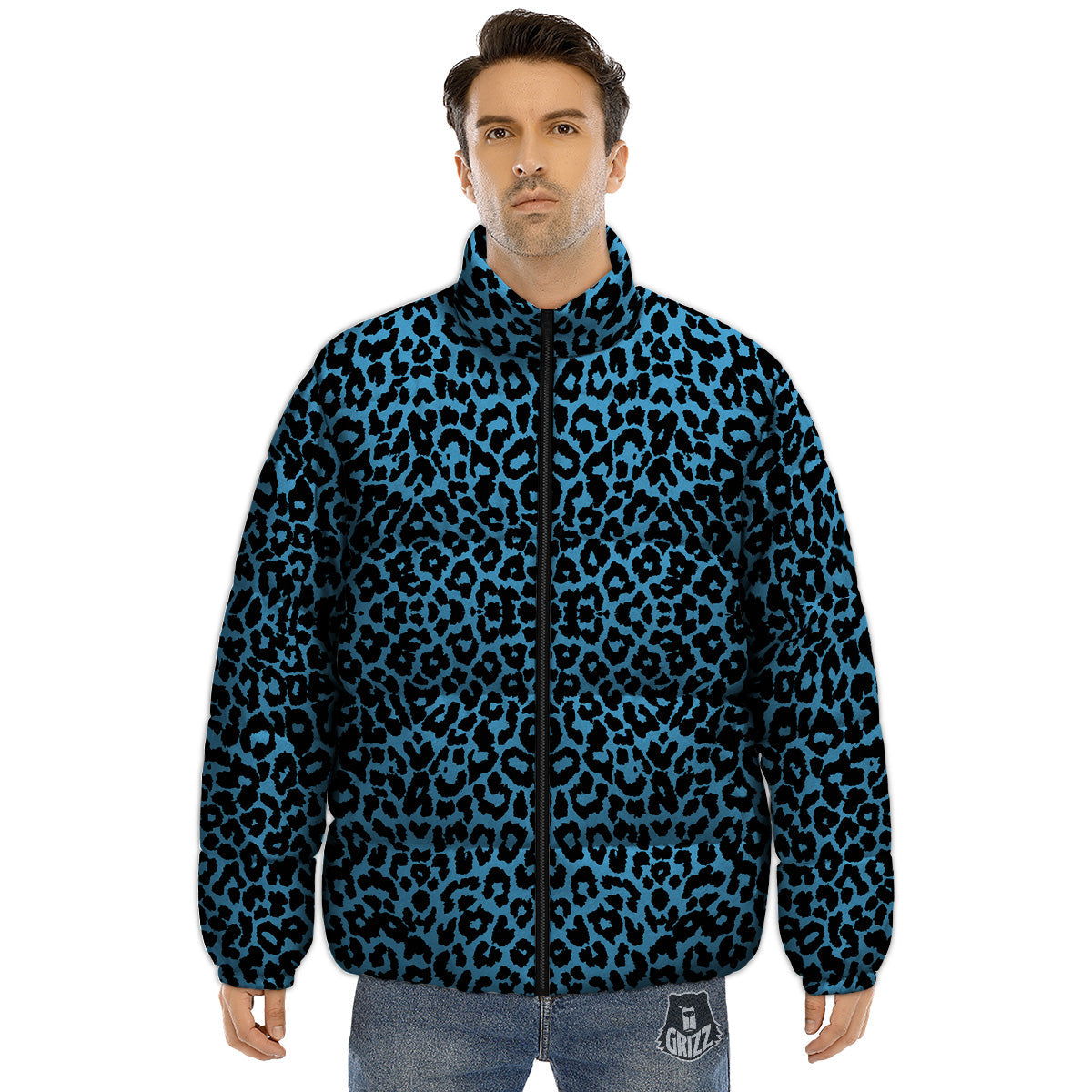 Leopard Blue Print Puffer Jacket-grizzshop