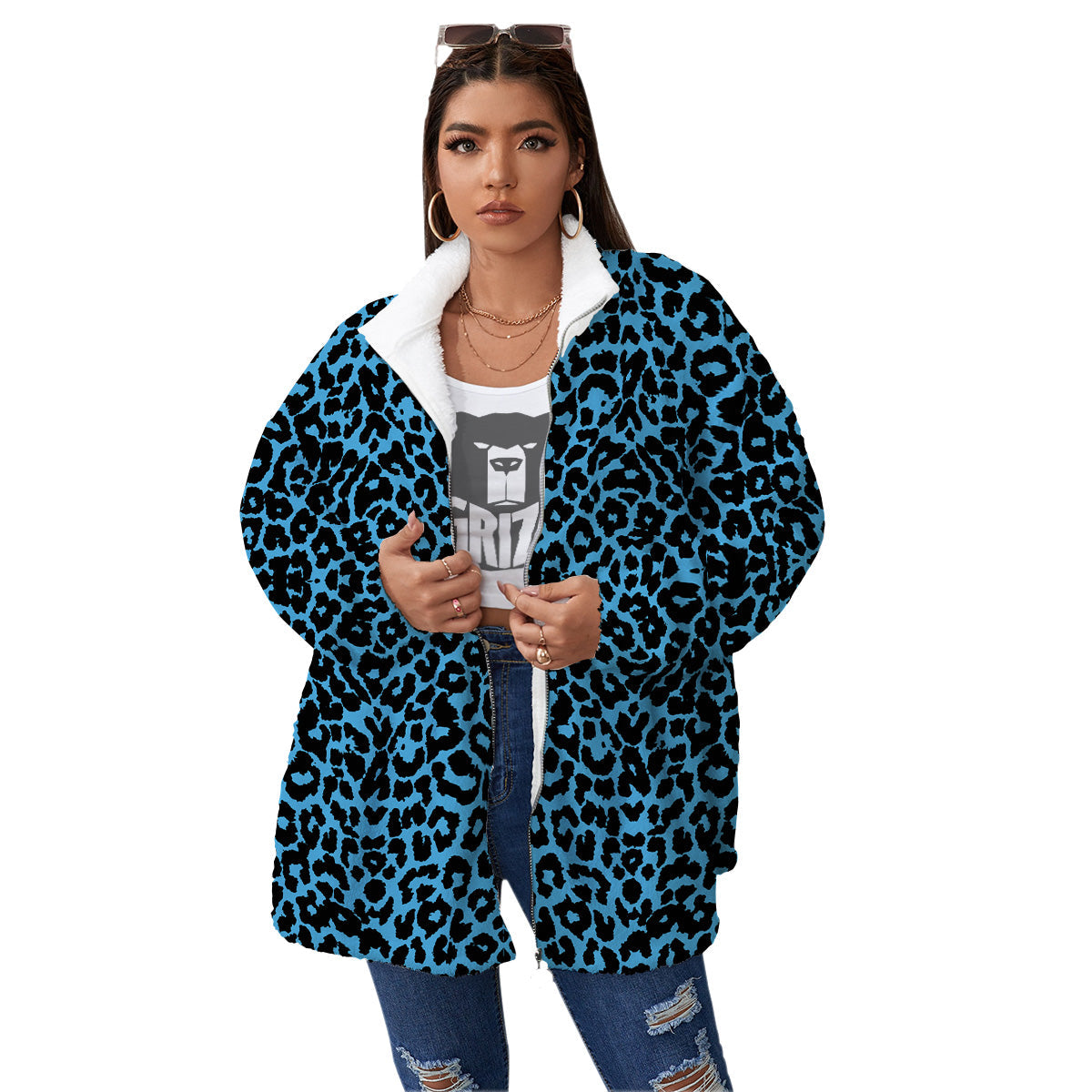 Leopard Blue Print Women's Sherpa Jacket-grizzshop