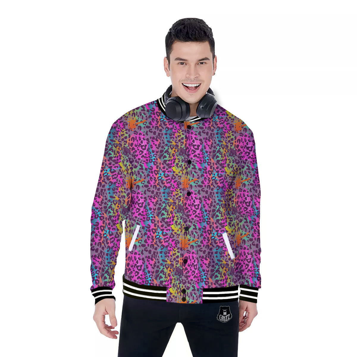 Leopard Colorful Print Baseball Jacket-grizzshop