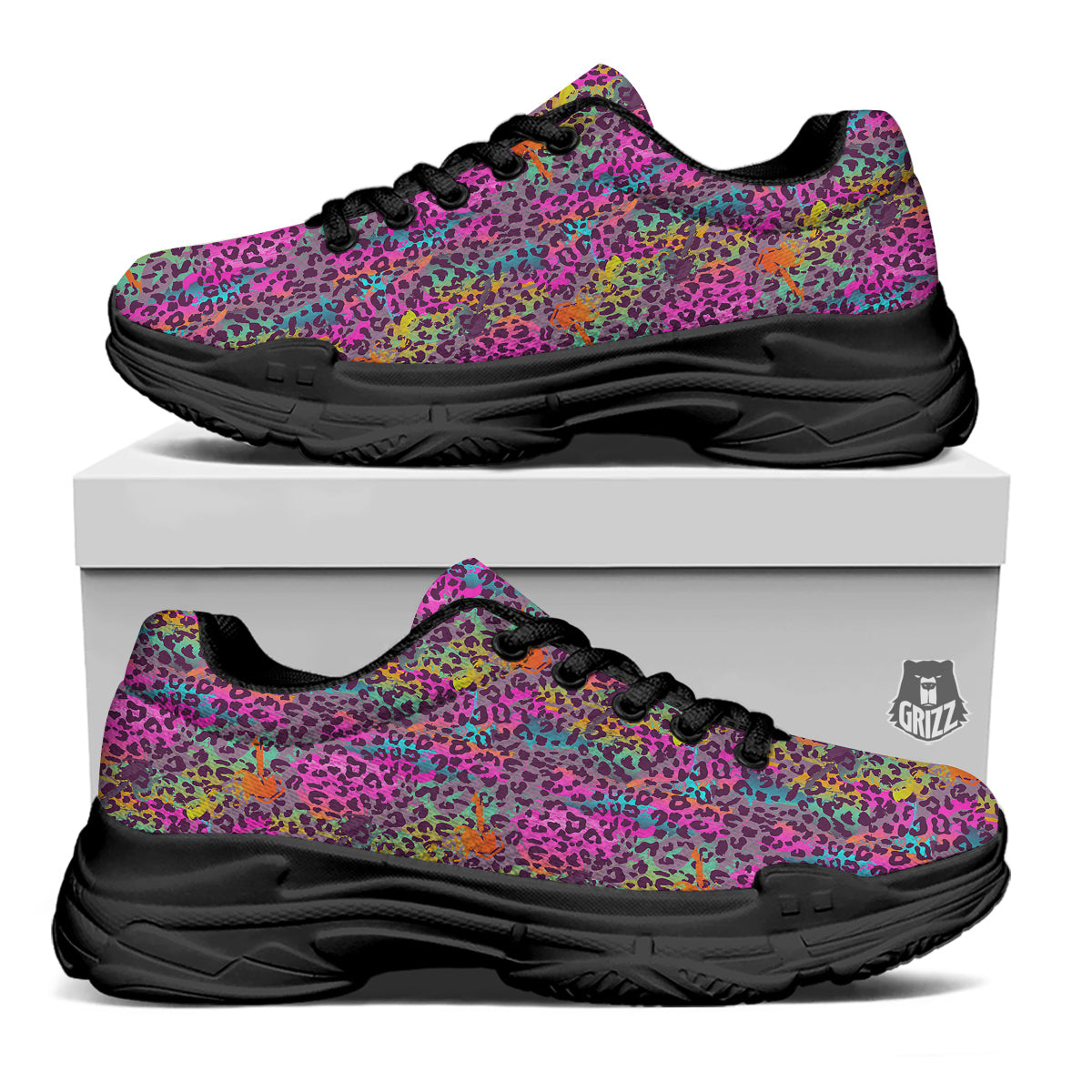 Leopard Colorful Print Black Chunky Shoes-grizzshop
