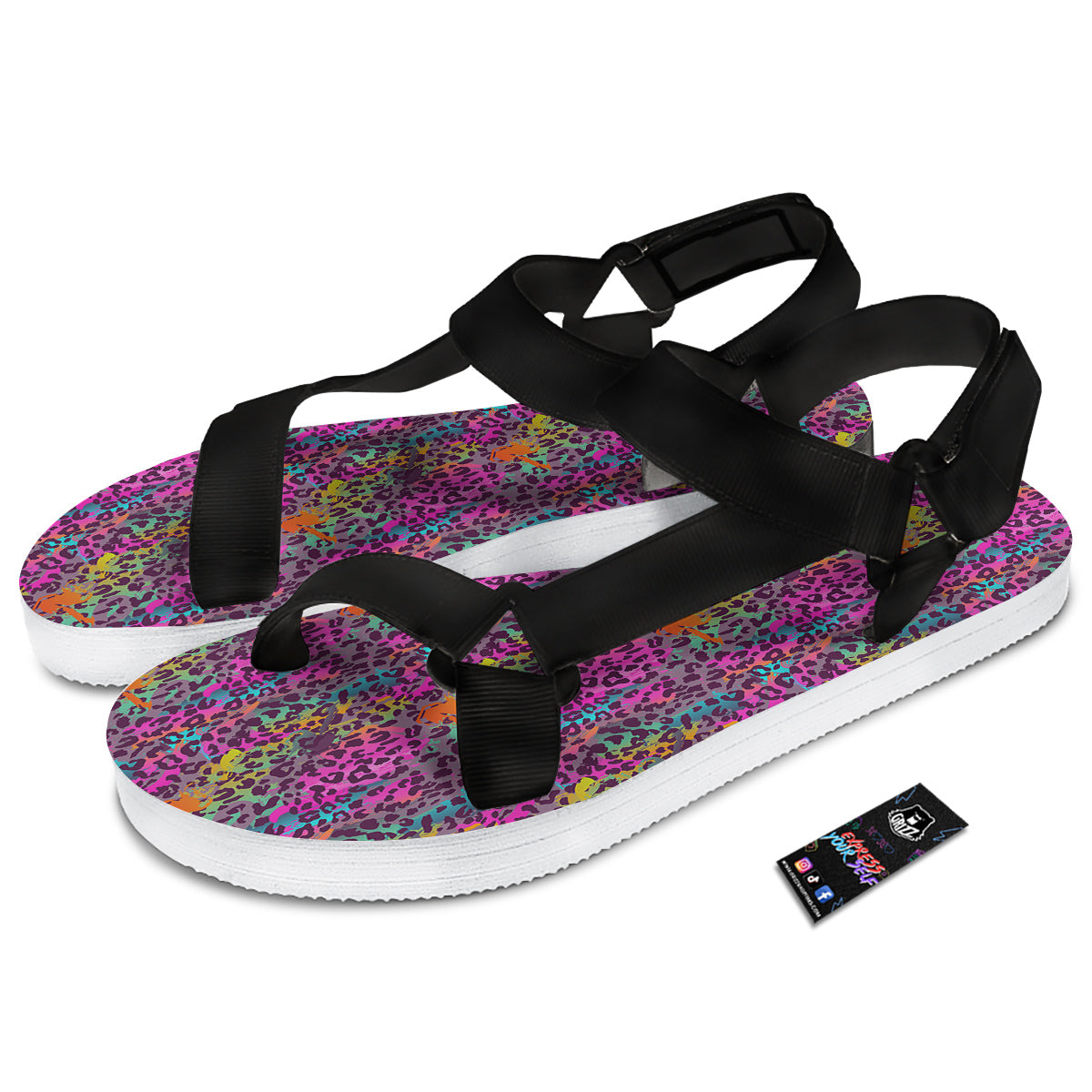 Leopard Colorful Print Black Open Toe Sandals-grizzshop