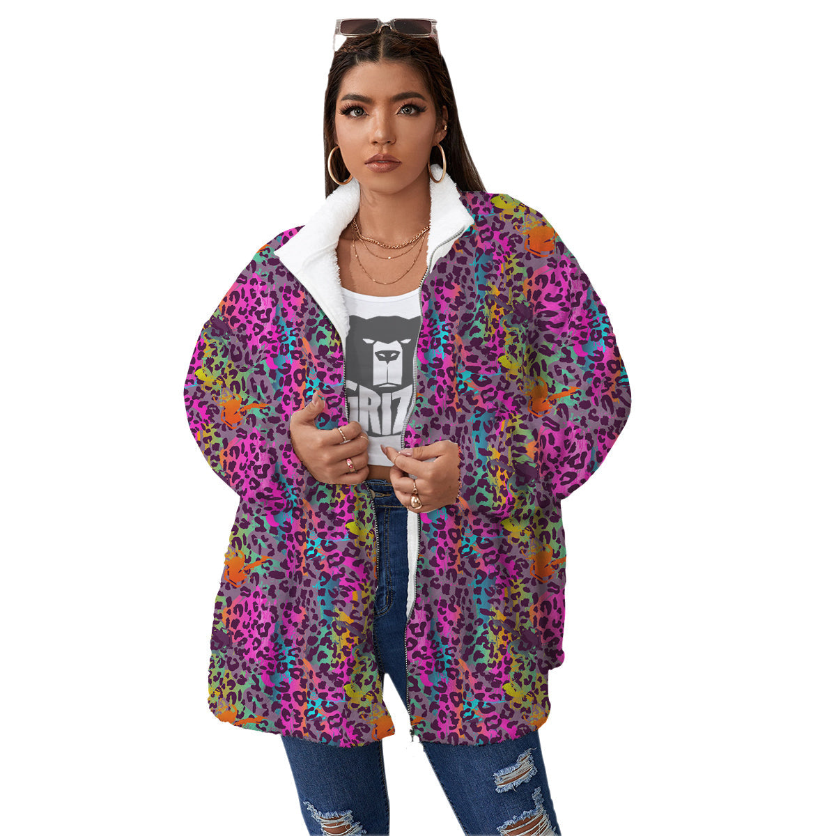 Leopard Colorful Print Women's Sherpa Jacket-grizzshop