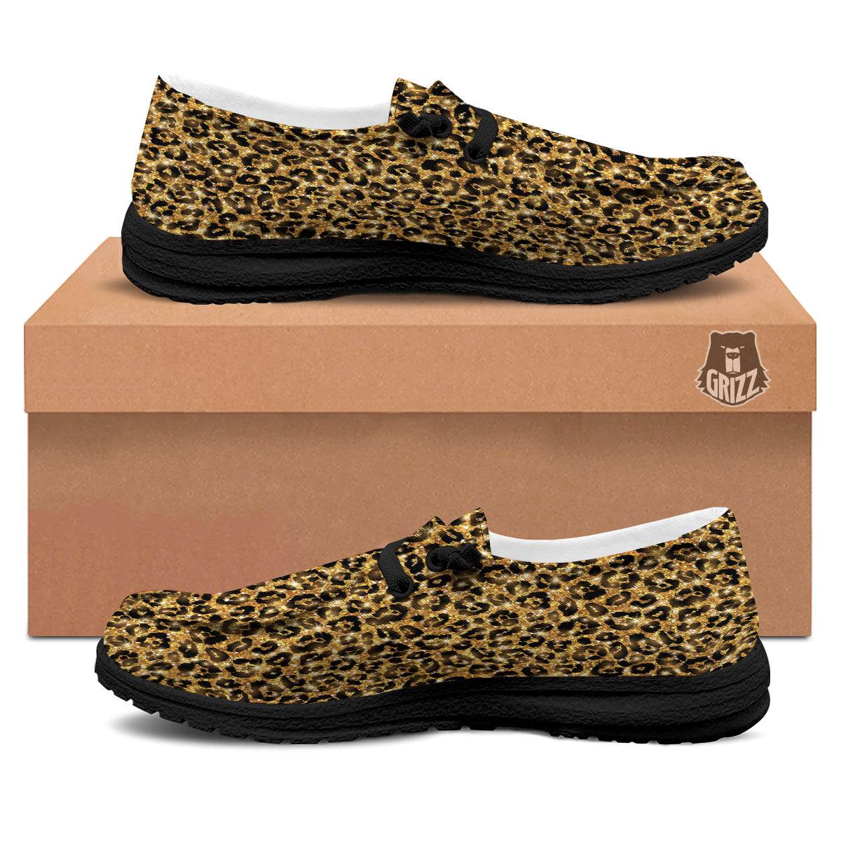 Leopard Glitter Gold Print Black Loafers-grizzshop