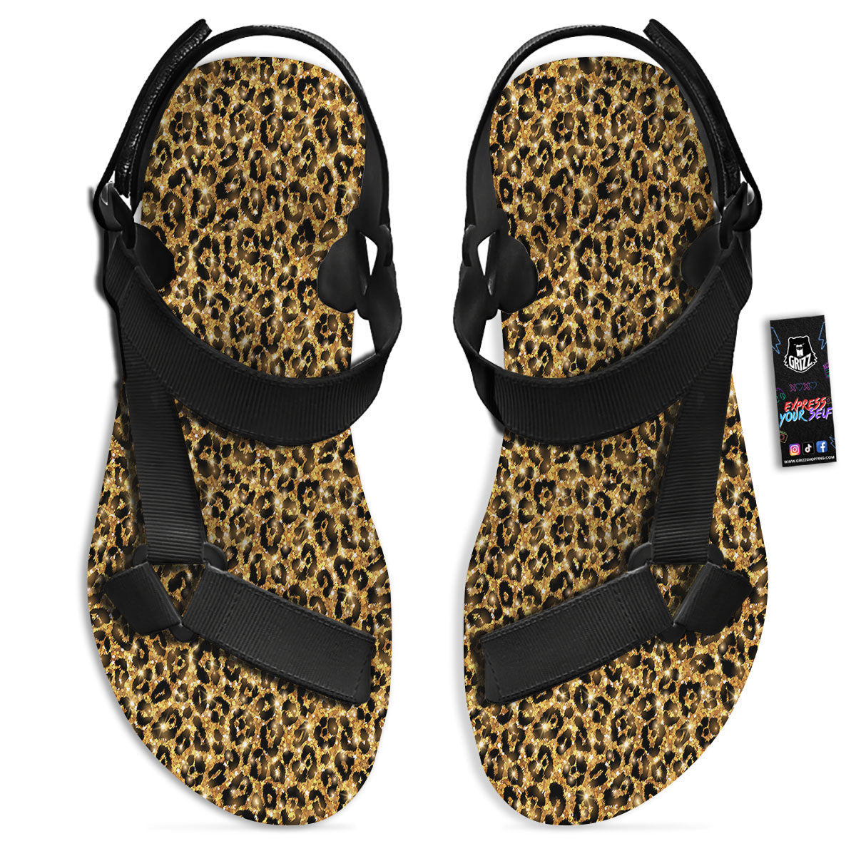 Leopard Glitter Gold Print Black Open Toe Sandals-grizzshop