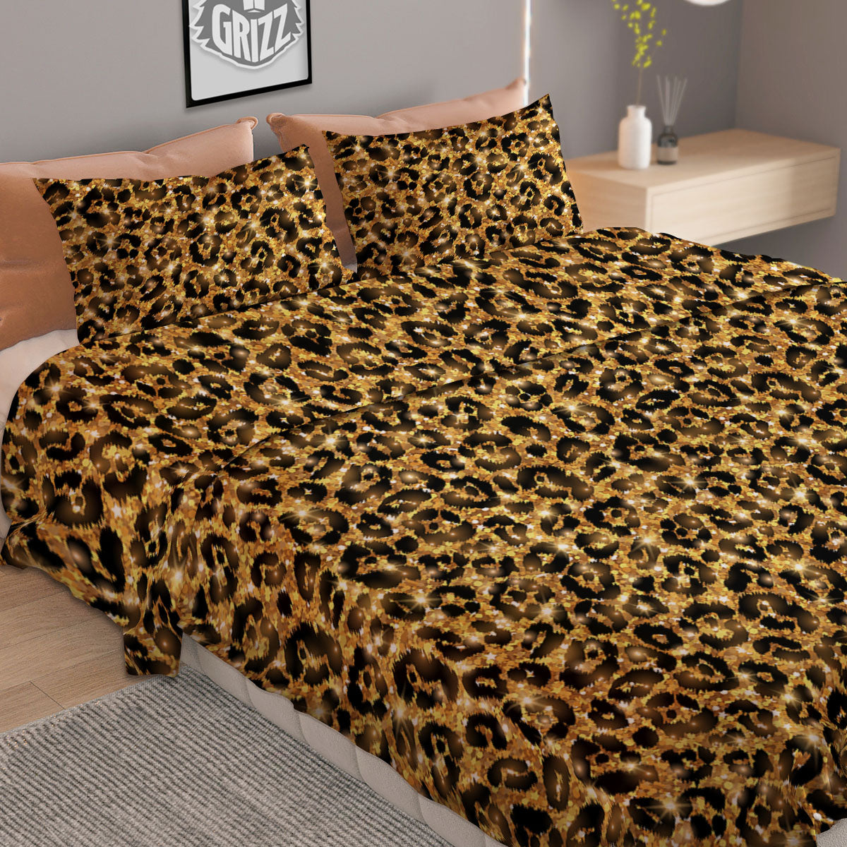 Leopard Glitter Gold Print Duvet Cover Bedding Set