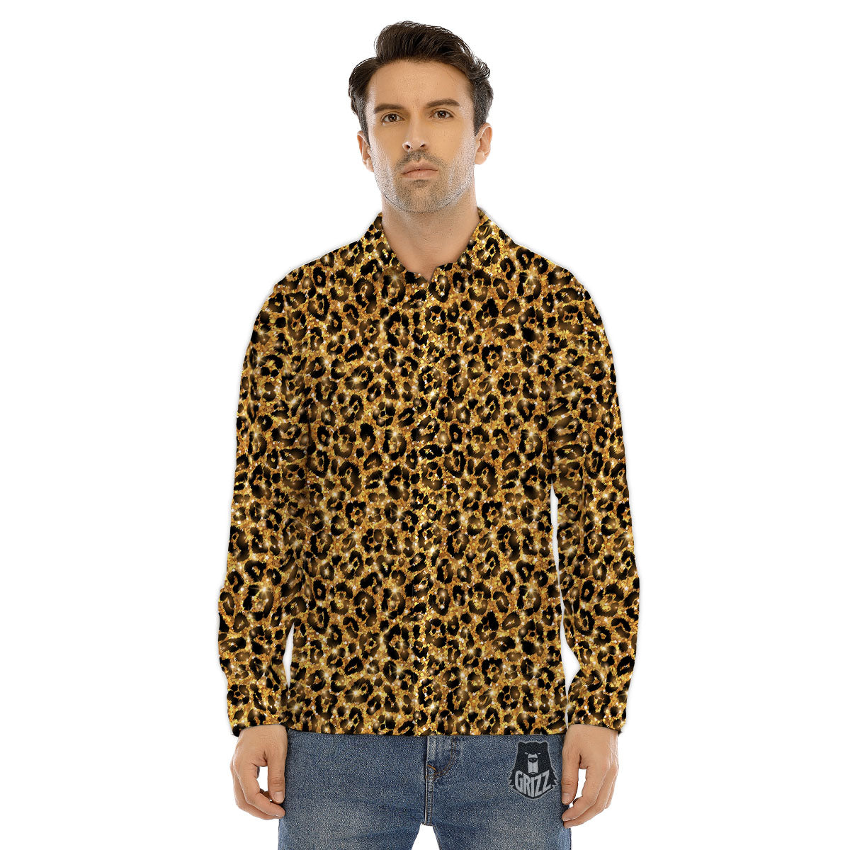 Leopard Glitter Gold Print Men's Dress Shirts-grizzshop