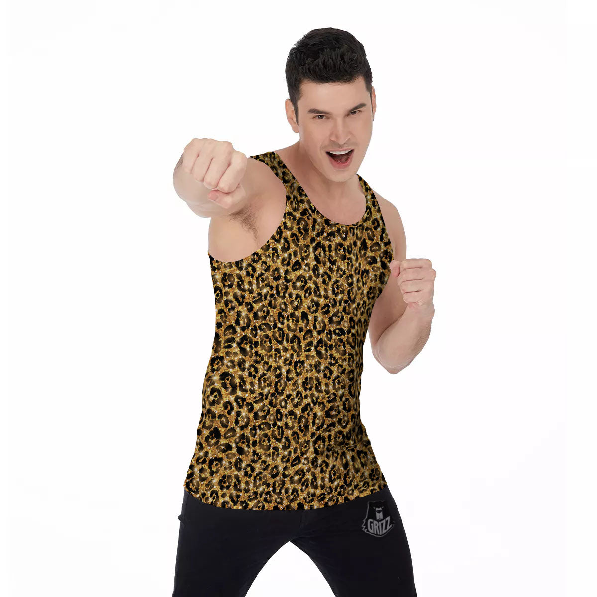 Leopard Glitter Gold Print Men's Tank Top-grizzshop