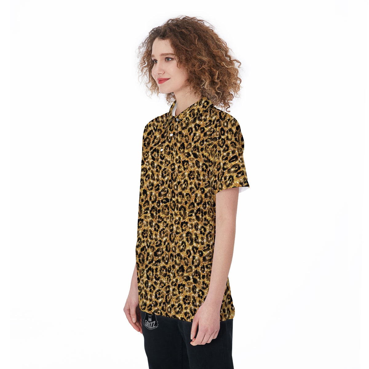 Leopard Glitter Gold Print Women's Golf Shirts-grizzshop