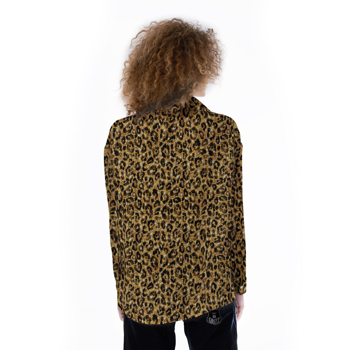 Leopard Glitter Gold Print Women's Long Sleeve Shirts-grizzshop