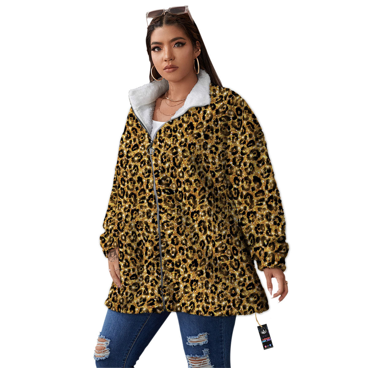 Leopard Glitter Gold Print Women's Sherpa Jacket-grizzshop