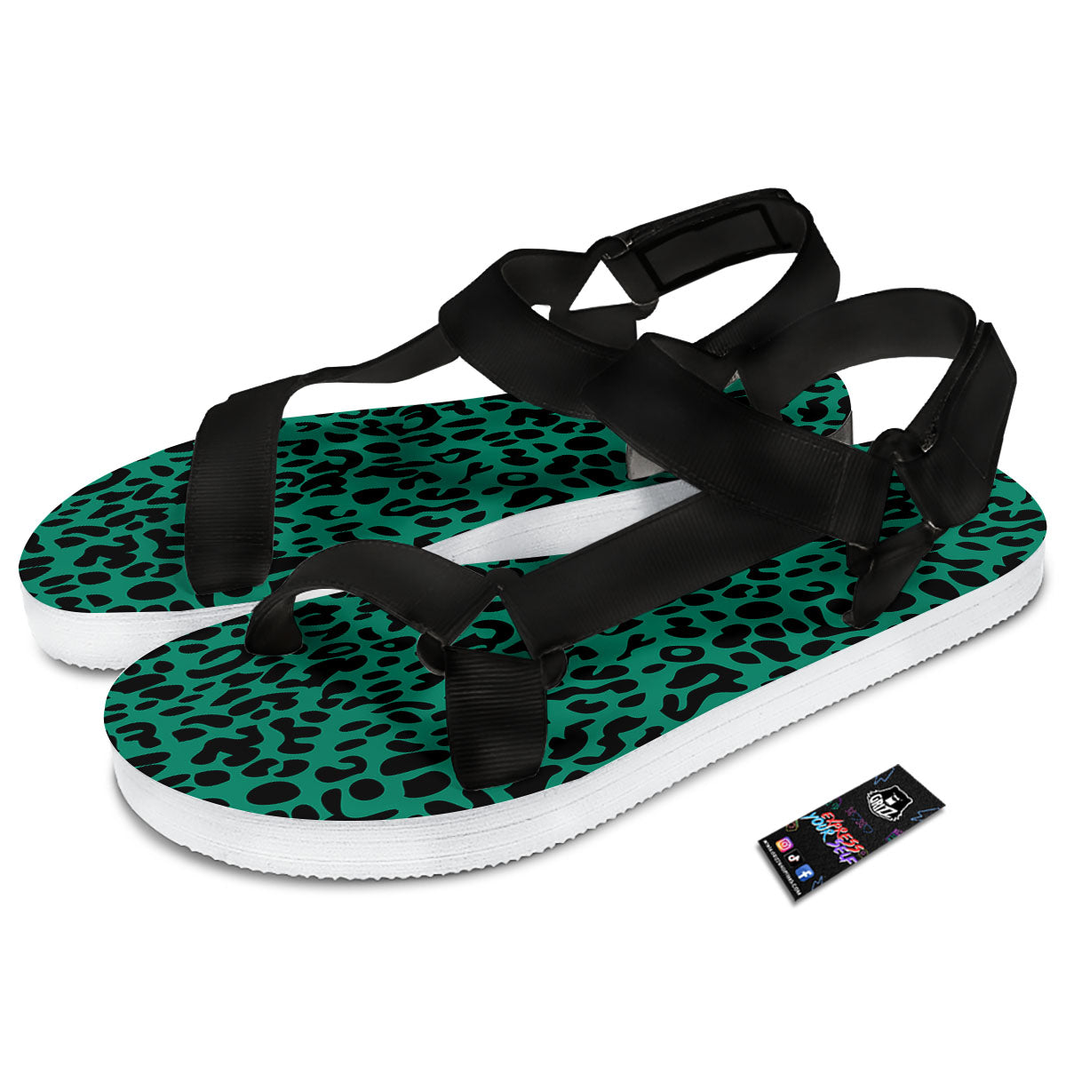 Leopard Green Print Black Open Toe Sandals-grizzshop