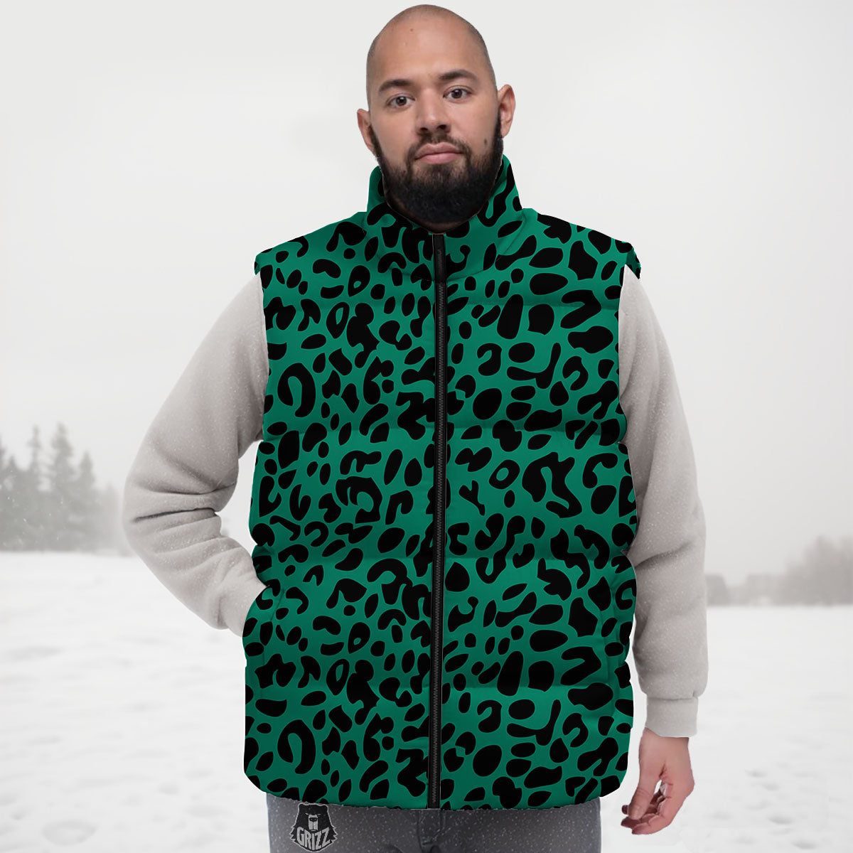 Leopard Green Print Down Vest