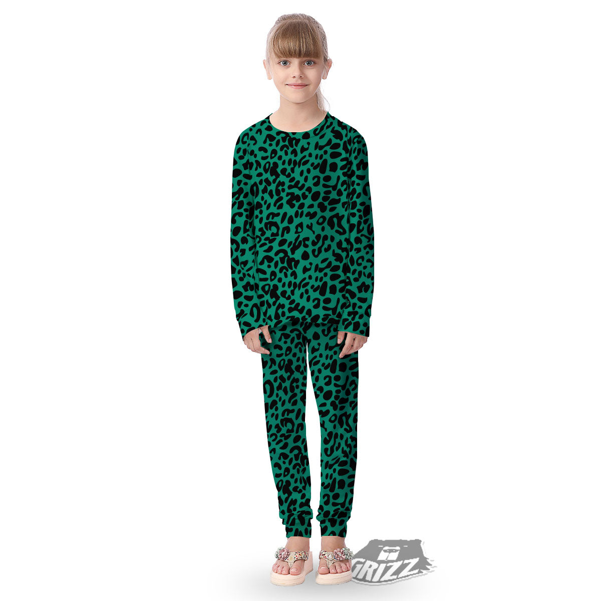 Leopard Green Print Kid's Pajamas-grizzshop