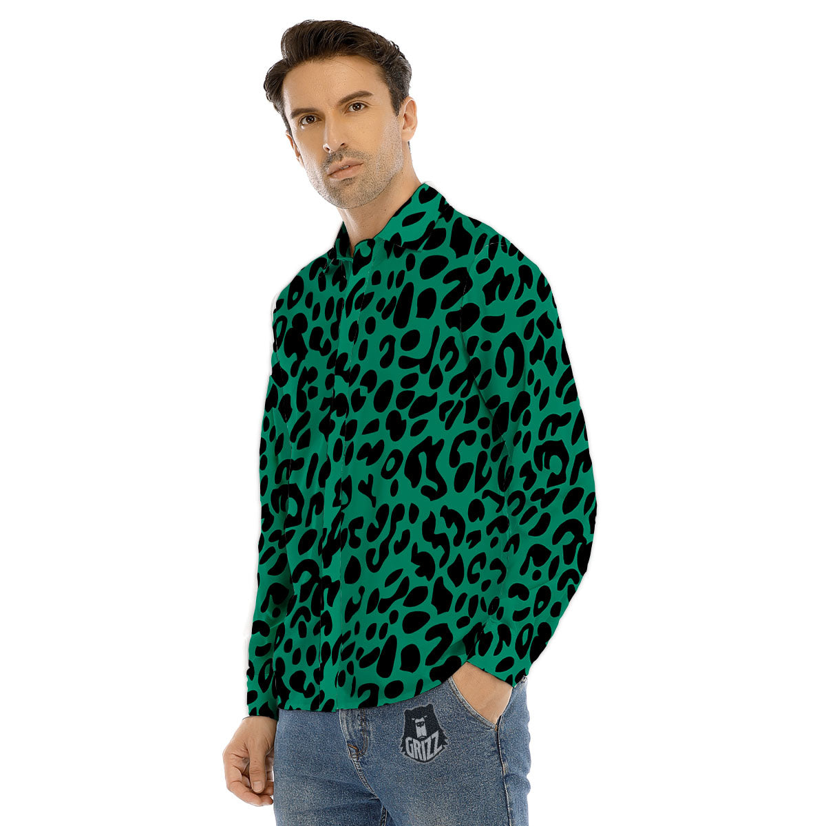 Leopard Green Print Men's Dress Shirts-grizzshop