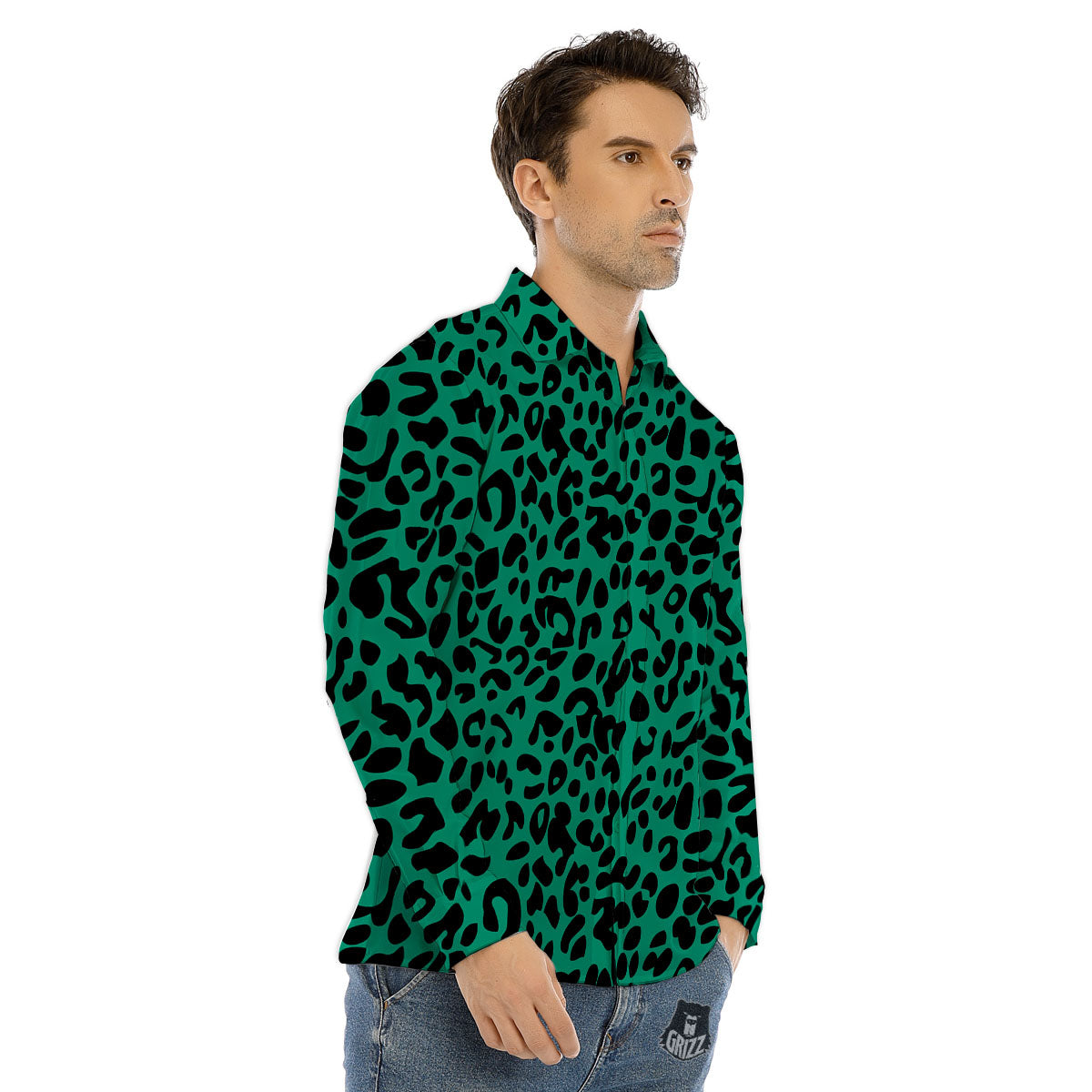 Leopard Green Print Men's Dress Shirts-grizzshop
