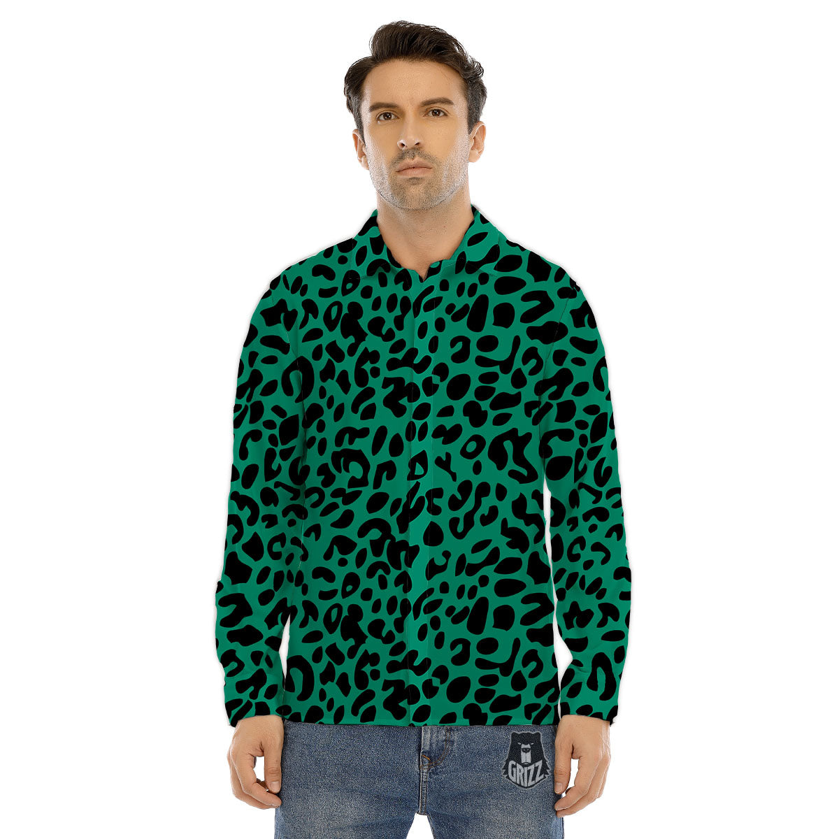 Leopard Green Print Men's Dress Shirts-grizzshop