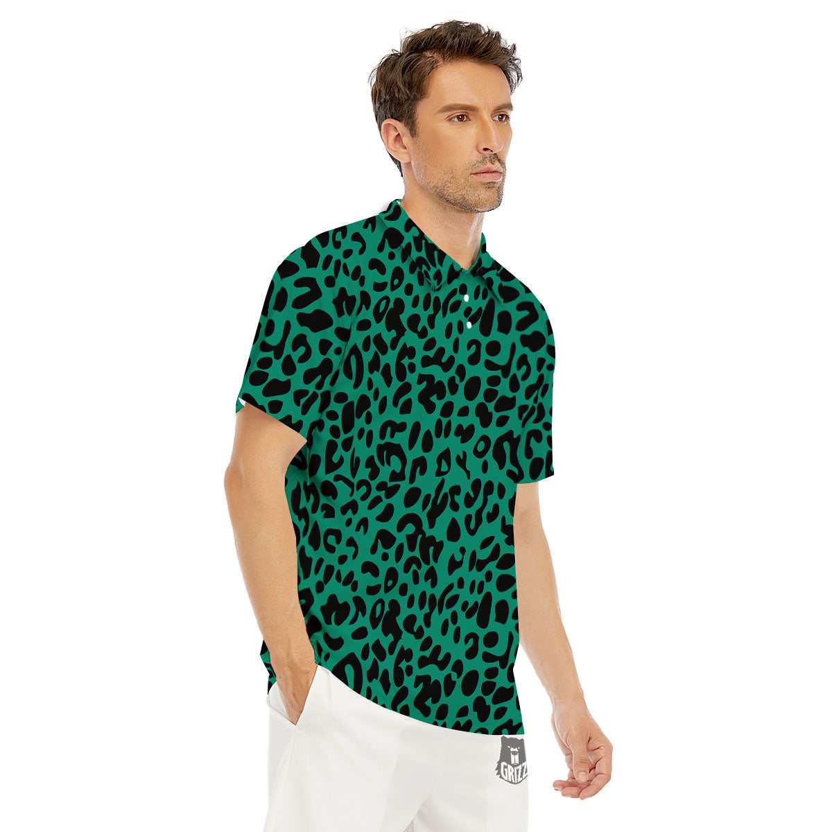 Leopard Green Print Men's Golf Shirts-grizzshop