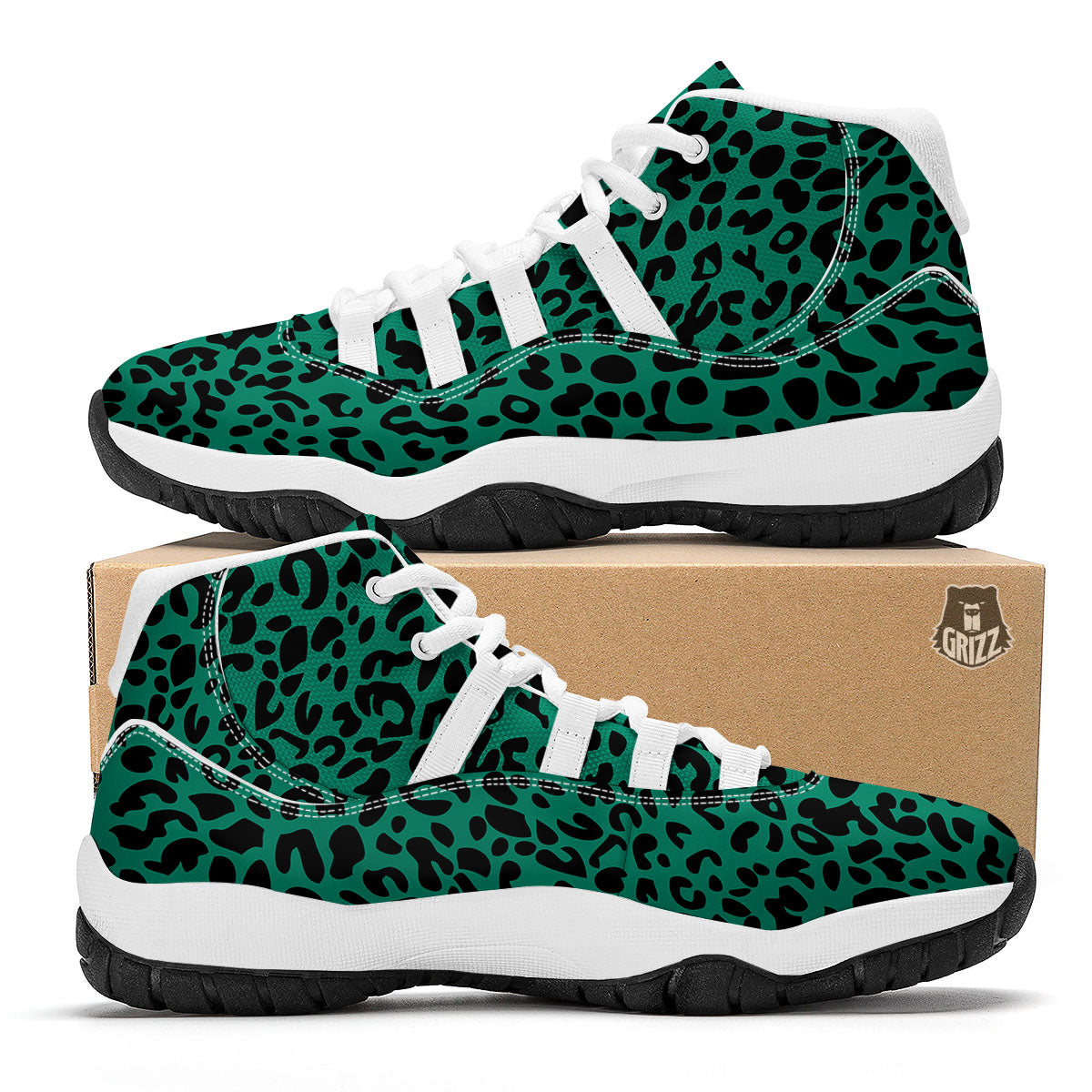 Leopard Green Print White Bball Shoes-grizzshop