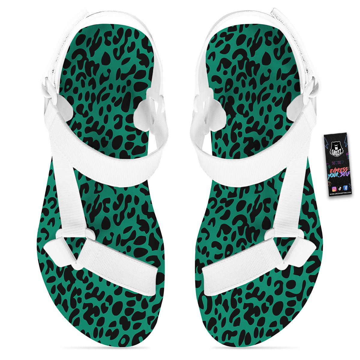 Leopard Green Print White Open Toe Sandals-grizzshop