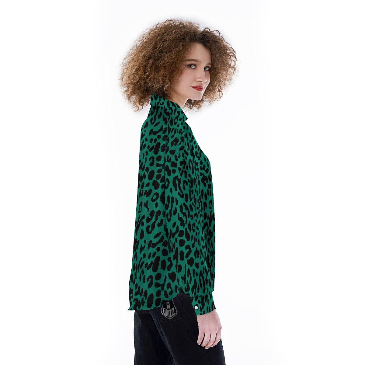 Leopard Green Print Women's Long Sleeve Shirts-grizzshop