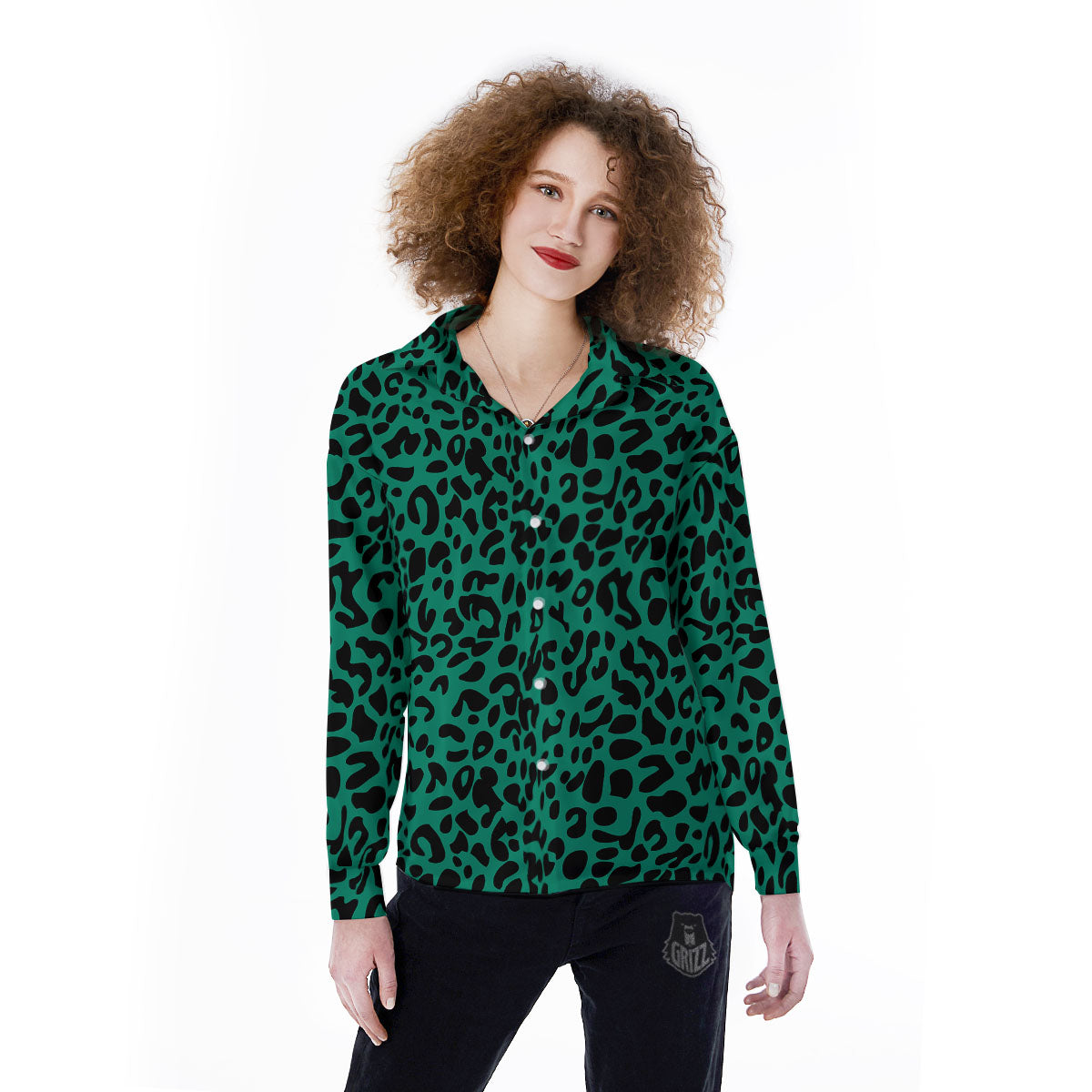Leopard Green Print Women's Long Sleeve Shirts-grizzshop
